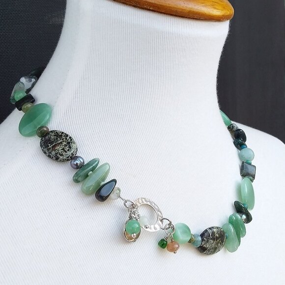 Multi Gemstone Necklace Green Aventurine Agate Pearl 18.5in Custom OOAK - Picture 8 of 11